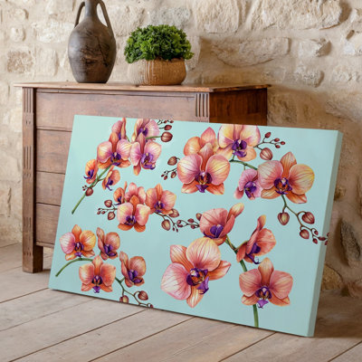 Canvas A Vibrant Illustration Of Blooming Orange Orchids Featuring Delicate Petals Wall Art With Soft Gradients Of Peach And Coral Canvas Wall Art