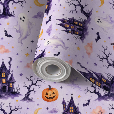 Family and Renter Friendly Peel and Stick Wallpaper Roll Haunted Halloween Ghosts Pumpkins Bats Spooky Houses, Self Adhesive Wall Covering for Living Room Bedroom Nursery Kitchen Accent Wall Home Renovation 17.7in x 118in(45x300cm)