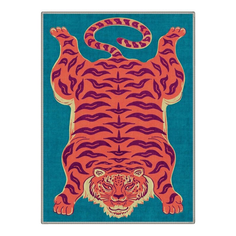 Tapis bleu sarcelle / corail à motif animal lavable à la machine avec envers antidérapant, Rectangle 144 po x 108 po