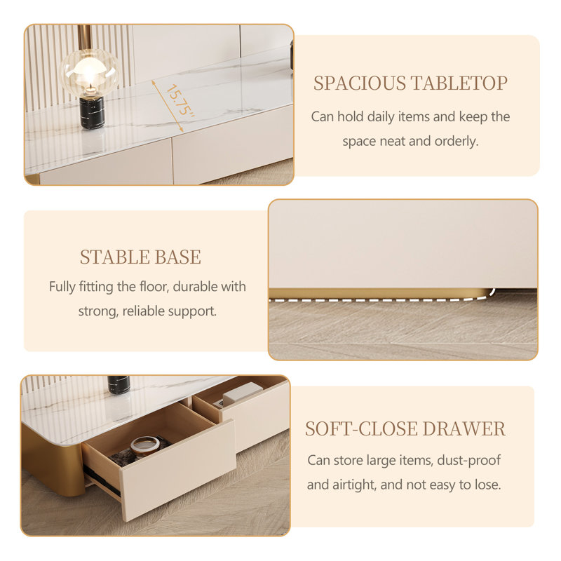 94.5'' White and Gold Faux Marble TV Stand with 4 Drawers for Living Room, Entertainment Center with Gold Base for Tvs up to 100 Inch