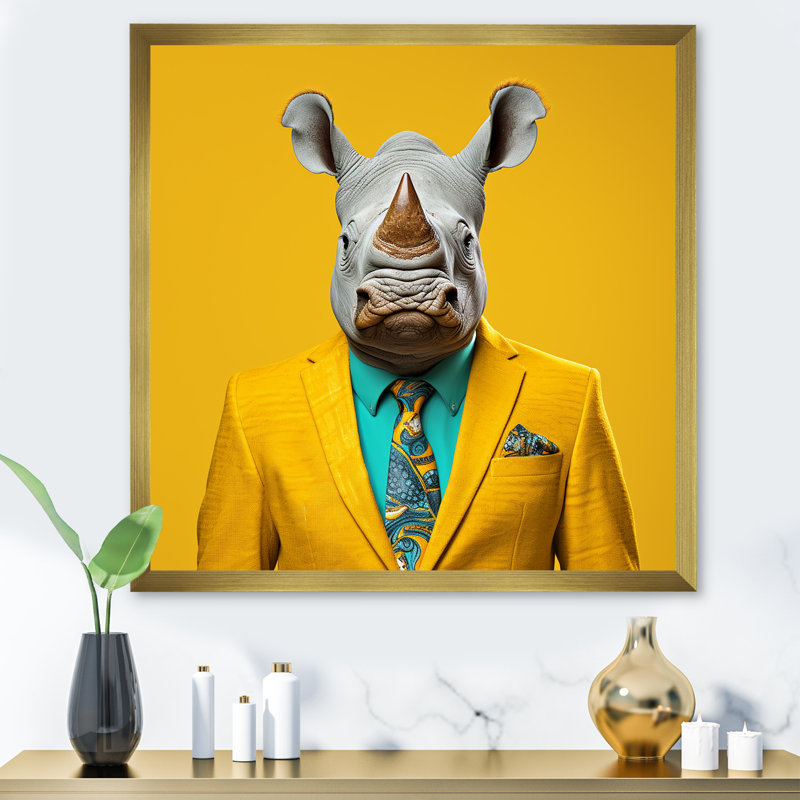 Art mural en forme de rhinocéros, Cadre doré simple, H 36 po x l 36 po x P 1,5 po