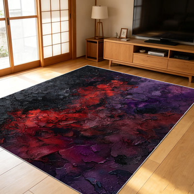 1PC Textured Abstract Burgundy Black Purple Oil Painting Style area rugs for Living Room, Soft and Comfortable, Suitable for all seasons, easy-to-maintain, machine washable Indoor floor mat, Under Table Farmhouse suitable for dining table, entryway,