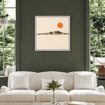 «Minimal Abstract Landscape with Orange Sun Serenity Decor», reproduction d'art sur toile encadrée