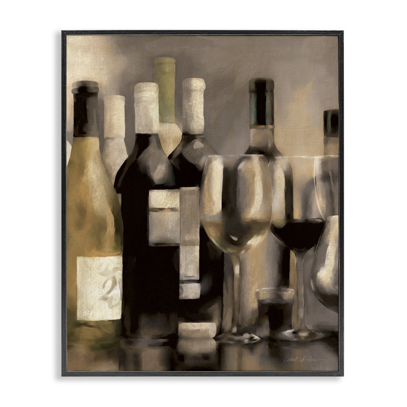  Wine Bottles on Bar Black Framed Giclee Art by Carol Robinson, H 14 po x l 11 po, Giclée encadrée noir minuit