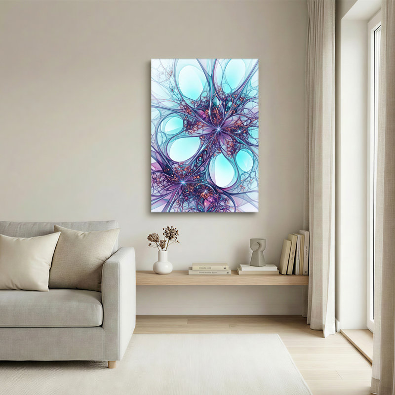 Impression sur toile cyan et mauve à motif de fractales tourbillonnantes, 24"H x 16"W