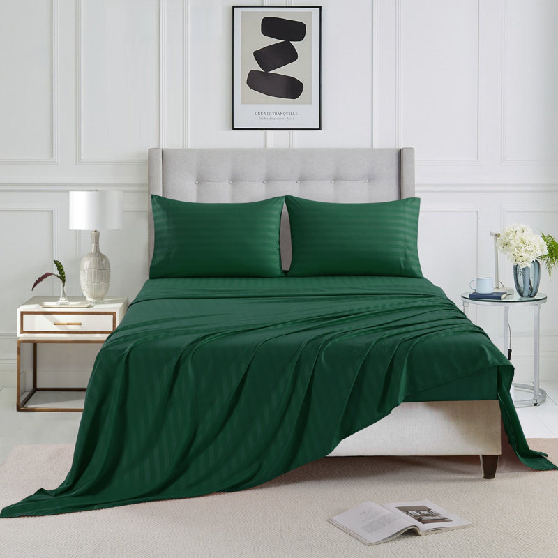 3/4 Pcs Luxury Striped Bed Sheets Set, Queen Sheet Set with 2 Pillowcases, Green