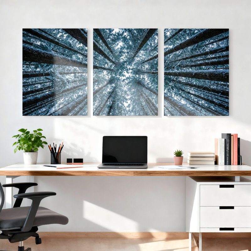 Ensemble de 3 tableaux sur toile tendue représentant une canopée forestière aux tons bleus, 2436