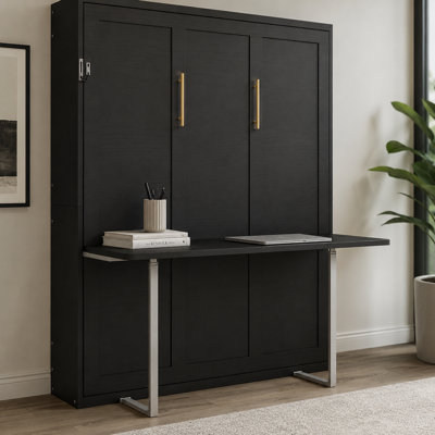 Grand lit escamotable Silveira avec bureau intégré, cadre de lit mural pliable vertical, lit en métal peu encombrant pour bureau à domicile, chambre d'amis, studio, armoire en bois aggloméré noir
