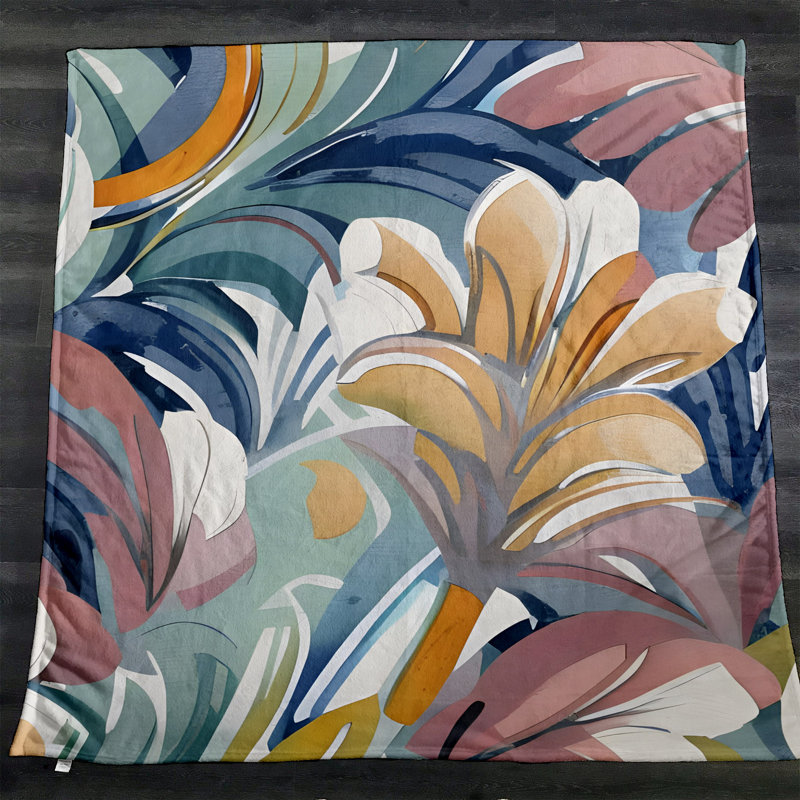 Throw Blanket, 68" W x 80" L, Floral/Abstract, Blue/Orange/Pink