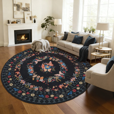 Washable Round Butterfly Print Area Rug