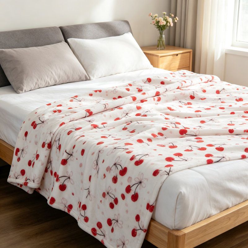 Cherry Patterned Flannel Throw Blanket, Queen
