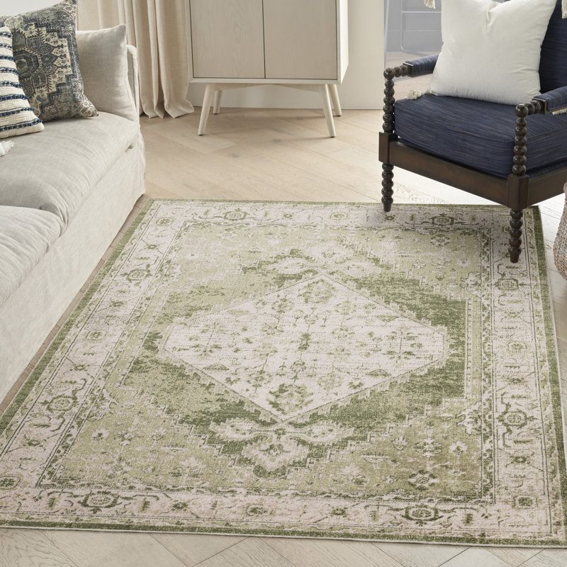 Haydel Oriental Machine Washable Power Loom Polyester Area Rug in Ivory/Green, Rectangle 4' x 6'