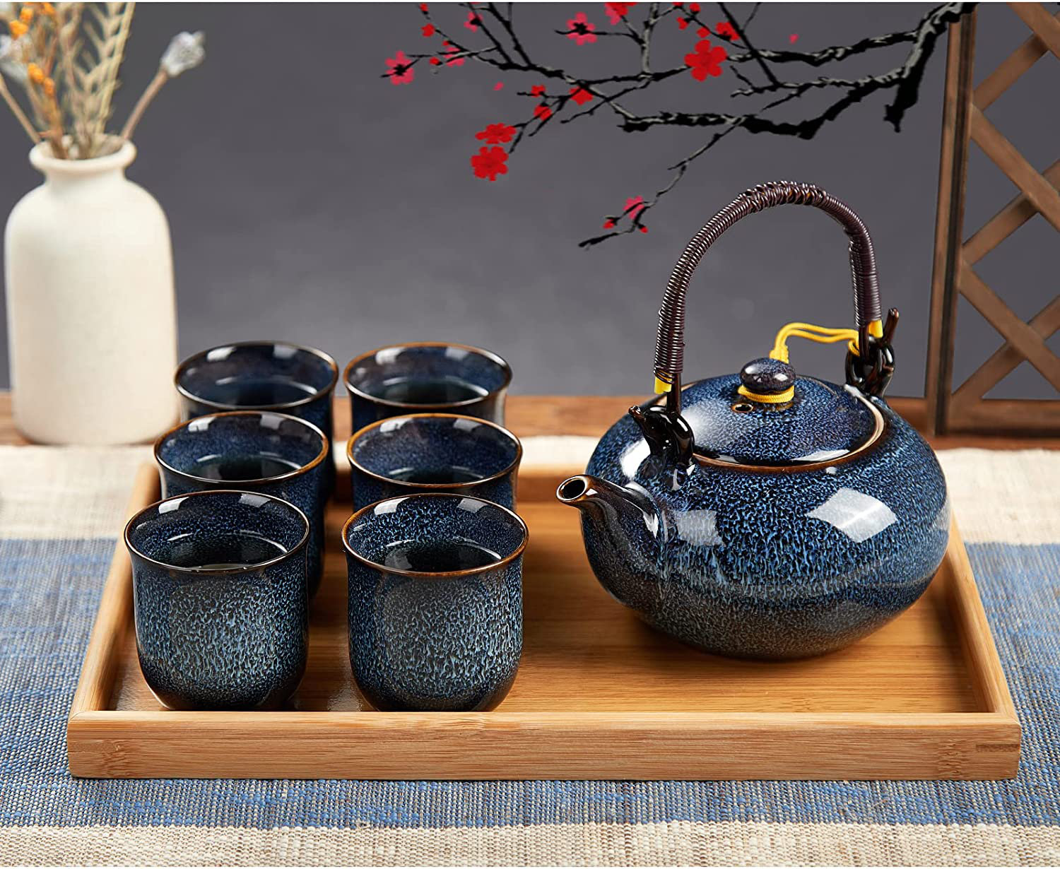 Vintage Electric Water Heater Tea Cup Set Coffee Pot Teapot Blue Floral  Japan