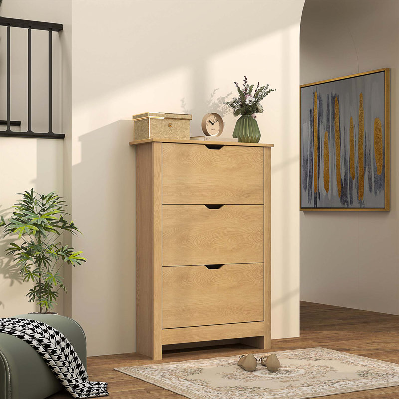 18 Pair Flip Down Shoe Storage, Natural Wood