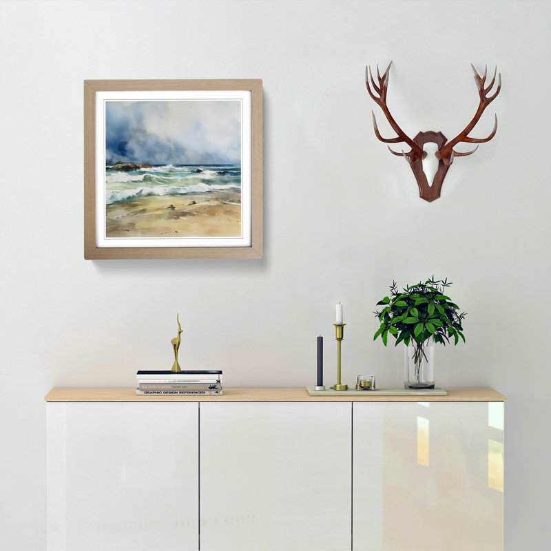 Beach Watercolour No.2 Framed Print, Oak