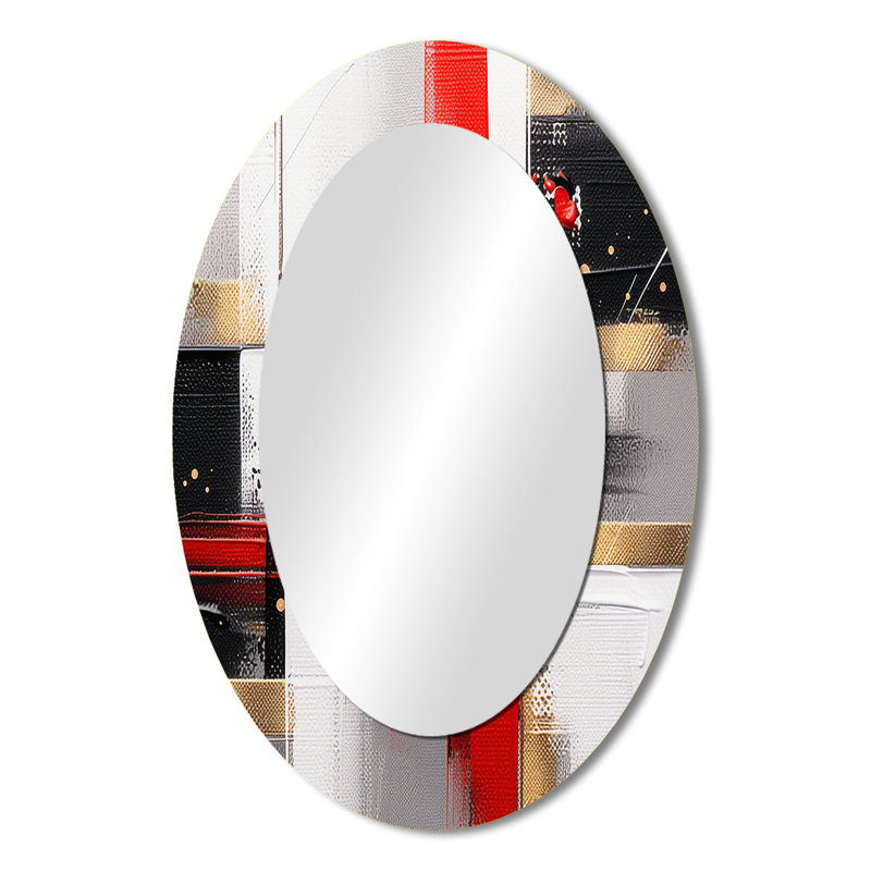 Miroir mural moderne ovale rouge et doré à motif abstrait I, 36 po x 24 po