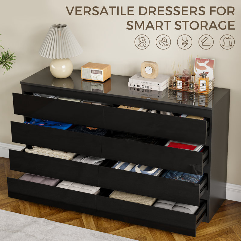Ato 8 Drawer 55.1" W Double Dresser, Black