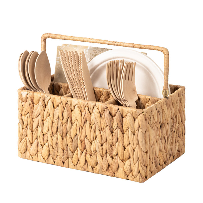 Hand-Woven Wicker Cutlery Holder with Handle, Flatware Basket Organizer