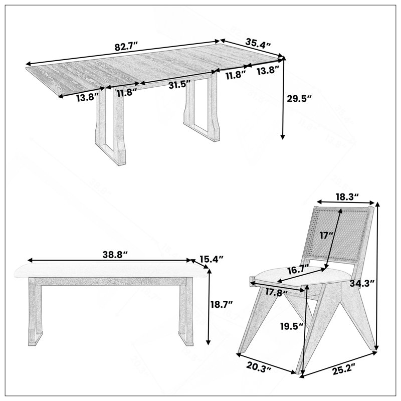 Ensemble de table de salle à manger extensible 6 pièces 82,7 pouces Modern, Noyer