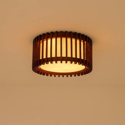 3-Light Walnut Wood Flush Mount with Fabric Shade