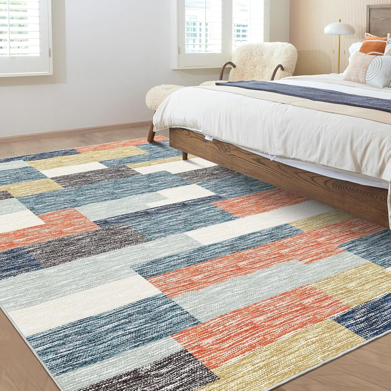 Modern Rug, Geometric Patchwork, Non-Slip, Washable, Low Pile, Hallway, Foldable, Contemporary Carpet, Laundry, Gray, Camel.