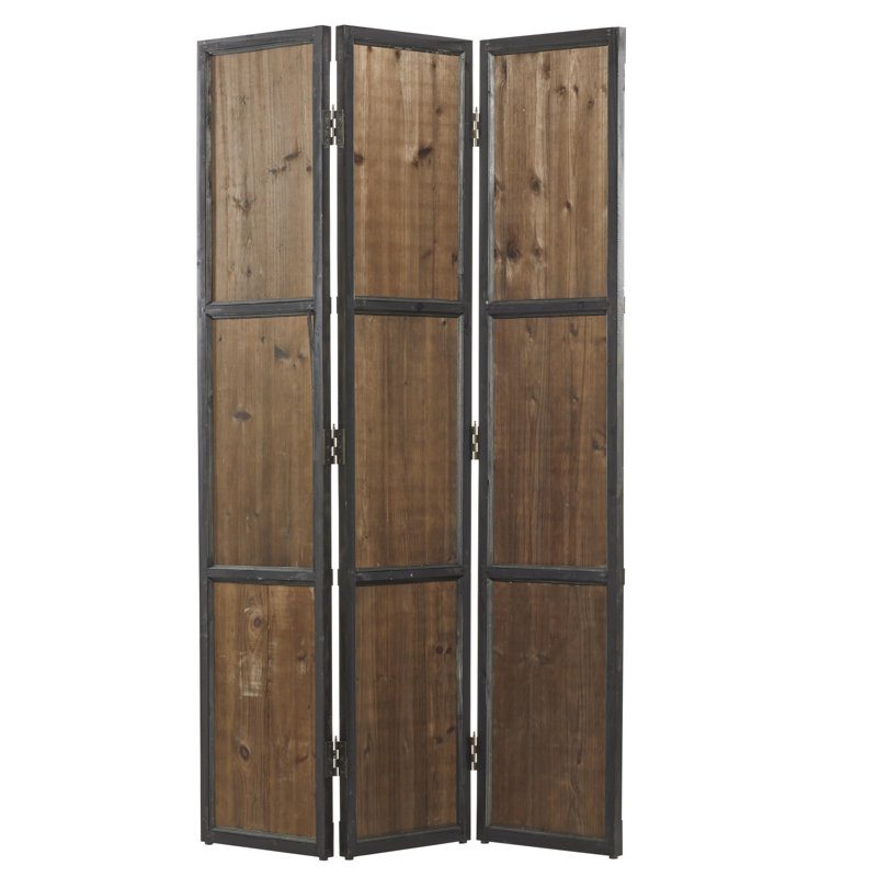 Brown Fir Wood and Metal 3-Panel Folding Privacy Screen