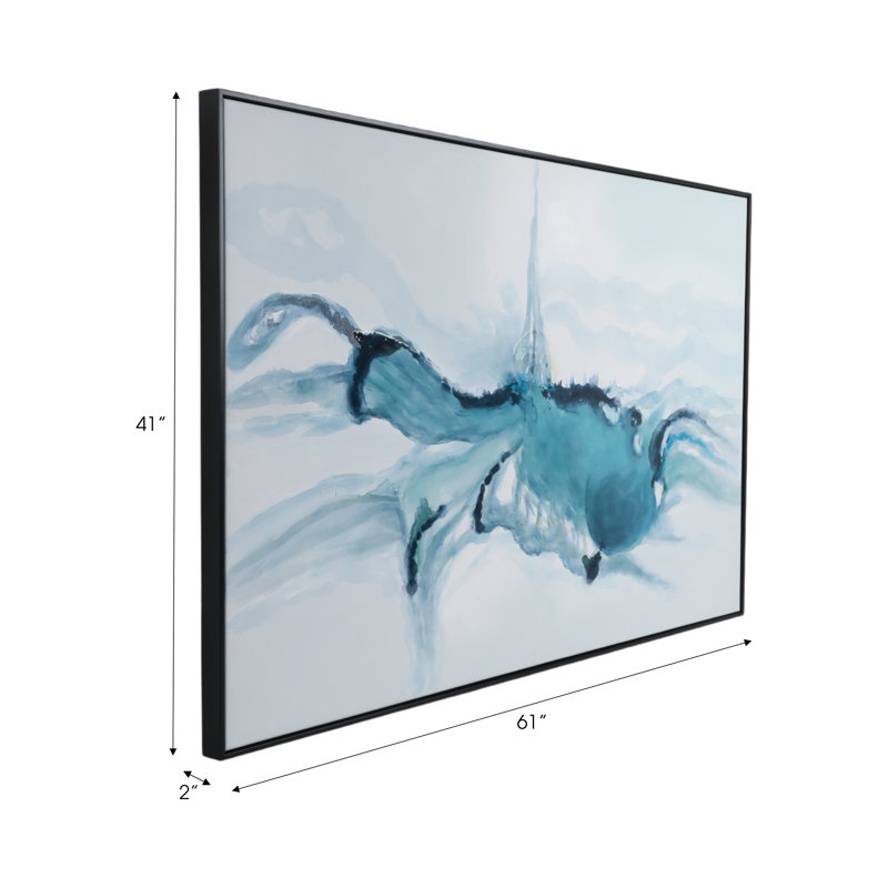 Large Blue and Green Abstract Canvas Painting with Black Frame