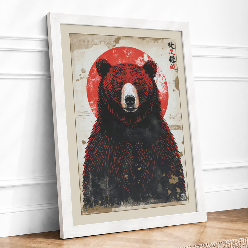 Bear Under Moon Japandi - Framed Print, A4 - 29.7 x 21.0 cm, White