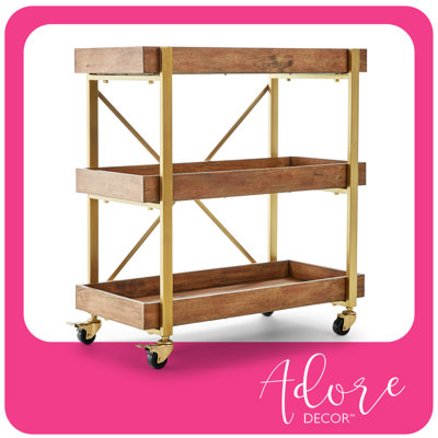 Adore Decor Riley 3-Tier Bar Cart, Wooden Shelves with Metallic Accents