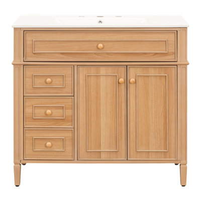 Meuble-lavabo autoportant 36 po avec lavabo en céramique surdimensionné de 8 po, console de rangement en bois d'hévéa massif avec 3 tiroirs modulaires, plateau inclinable et poignées en bois intégrées (finition bois naturel)