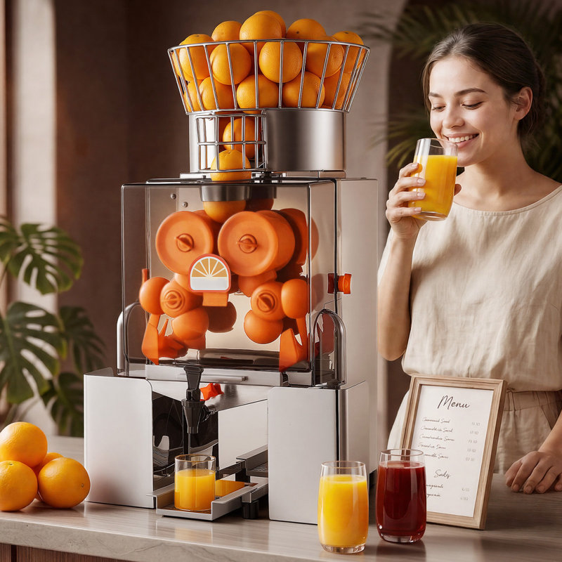 Presse-agrumes commercial, presse-agrumes automatique électrique orange de 120 W, extracteur de grenades et d'agrumes au citron pour 20 par minute, acier inoxydable, avec robinet d'eau, seau de ramassage des pelures