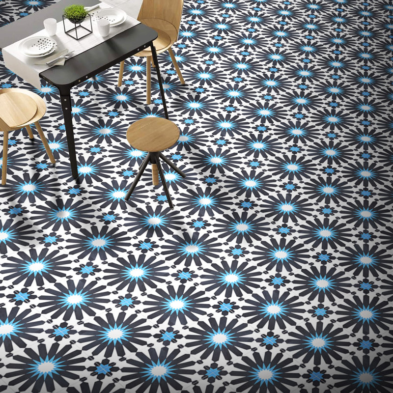 Alhambra 8" x 8" Cement Singular Wall and Floor Tile, Black/White