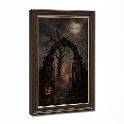 «Glowing Jack O Lantern At Stone Gate To Haunted Halloween», art mural sur toile