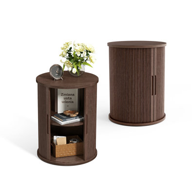 Round Fluted End Table With Sliding Tambour Door And Storage Shelf (Set Of 2)