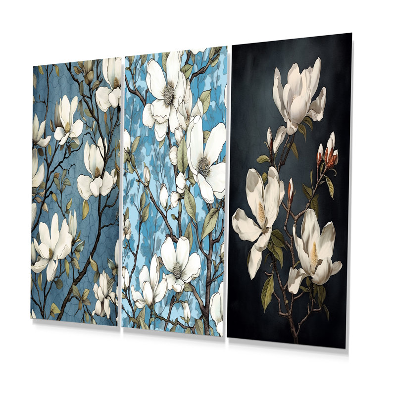 «White Blooimg Magnolias Trees», ensemble de 3 impressions murales en métal Magnolias, H 28 po x l 36 po