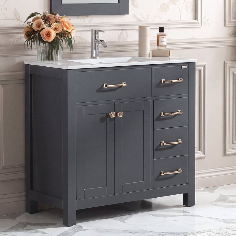 Burnet 36'' Single Bathroom Vanity with Ceramic Top, Mirror and Polished Chrome Faucet, Gray, Gold