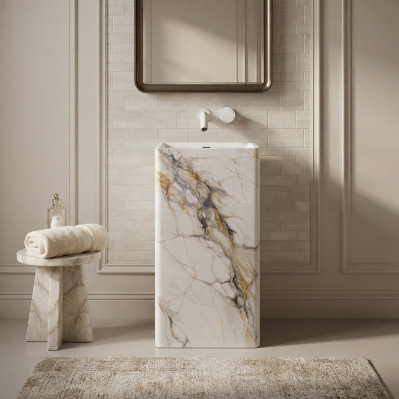 Lavabo sur pied de luxe Giving Tree, lavabo à surface solide autoportant pour salle de bain, Marbre - carré