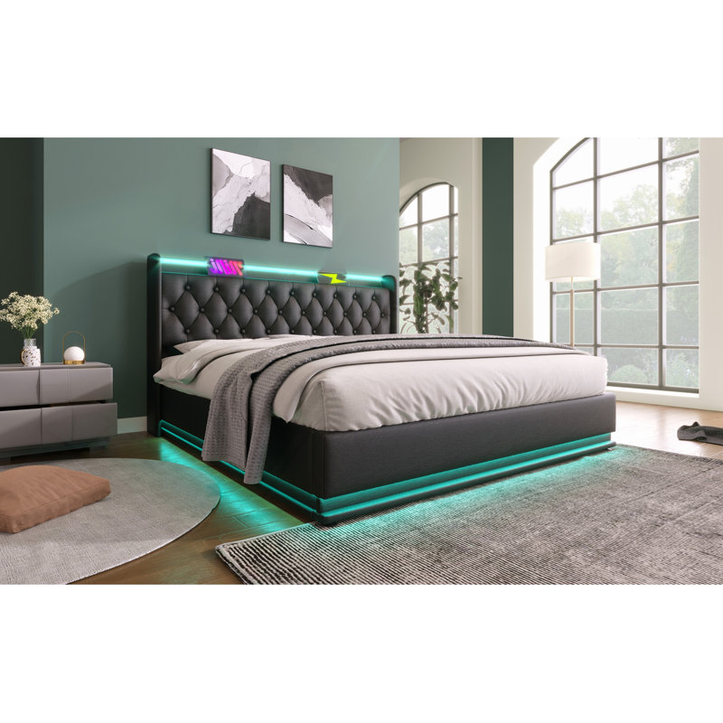 Lit tapissier, fonction DEL à 360 degrés, boutons / applications / télécommande, lit de rangement hydraulique avec chargement USB Type-C, polyuréthane (sans matelas)