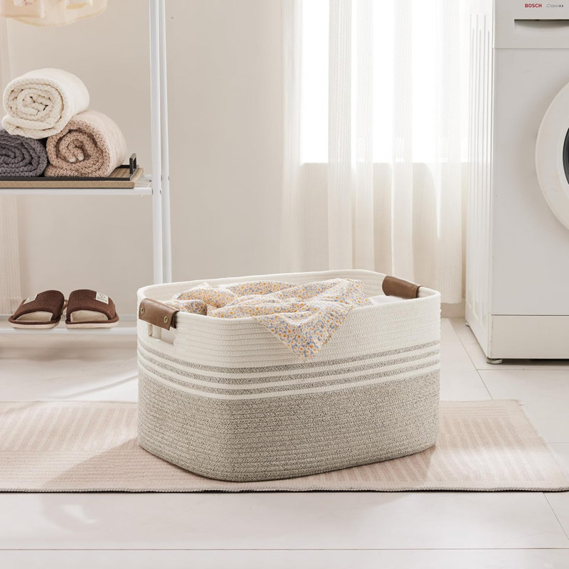 Large Woven Laundry Basket With Leather Handles - Cotton Storage Hamper For Clothes, Blankets, Toys, And Towels - Durable Rectangular Design For Bedroom, Living Room, And Bathroom Organization