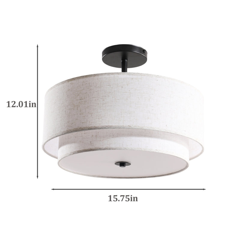 15.75'' 3-Light Semi-Flush Mount With Fabric Shape, Matte Black