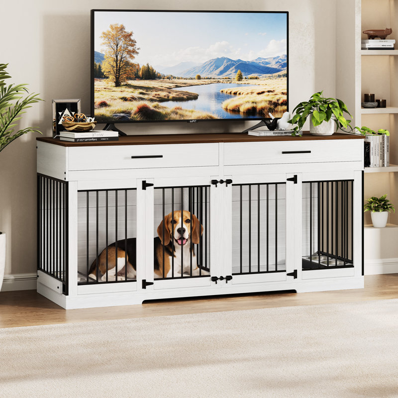 Meuble en bois pour cage de chien avec séparateur renforcé, 2 tiroirs et 2 bols pour chien., Blanc