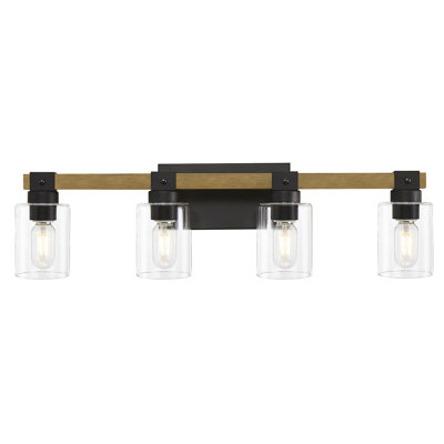 Applique murale de style ferme à 4 lumières, applique de salle de bain en bois antique avec abat-jour en verre transparent, éclairage de miroir pour chambre et couloir, ampoules non incluses