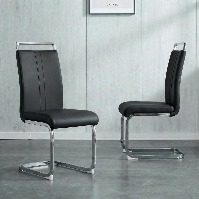 Set Of 2 Modern Faux Leather Dining Chairs With C-shaped Silver Stainless Steel Legs, Black