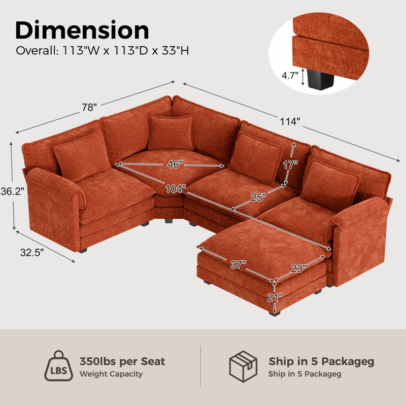Canapé modulaire de coin modulaire en U rembourré en U avec coussins de 114 po 5 pièces Amabilia - tissu chenille