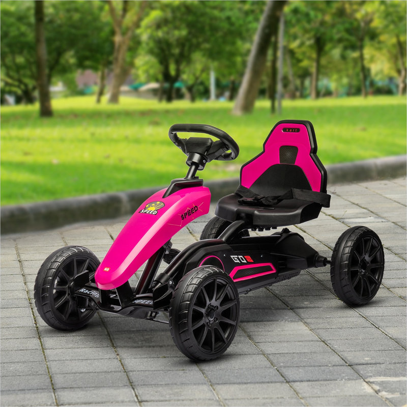 Kart à pédales d'extérieur pour enfants, finition rose, siège réglable, capacité de 66 lb, 39,25 L