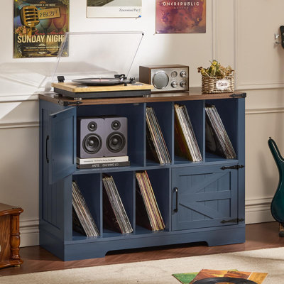 Meuble de tourne-disque de style ferme de 39 pouces avec rangement pour vinyles, portes de grange et étagères ouvertes
