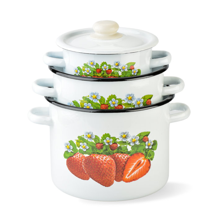 Pot en acier avec couvercle en fraise émaillée