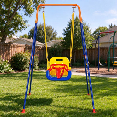Ensemble de balançoire pour tout-petits 3 en 1 avec support en métal à structure en A, balançoire pliable dans la cour arrière avec 4 sacs de sable, balançoire pour enfants réglable en corde pour jouer à l'intérieur et à l'extérieur, certifié 