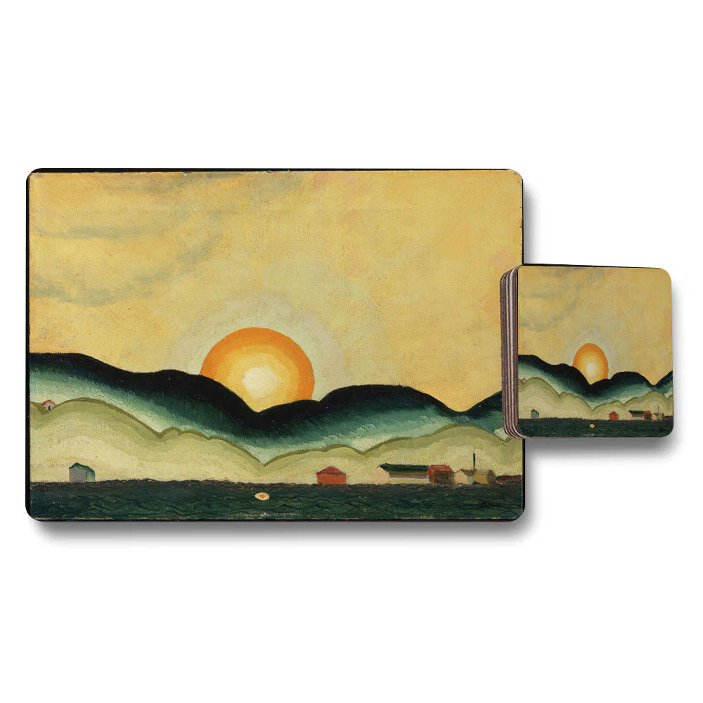 Sunset Landscape Placemat And Coaster Set With Mountain And Sea View