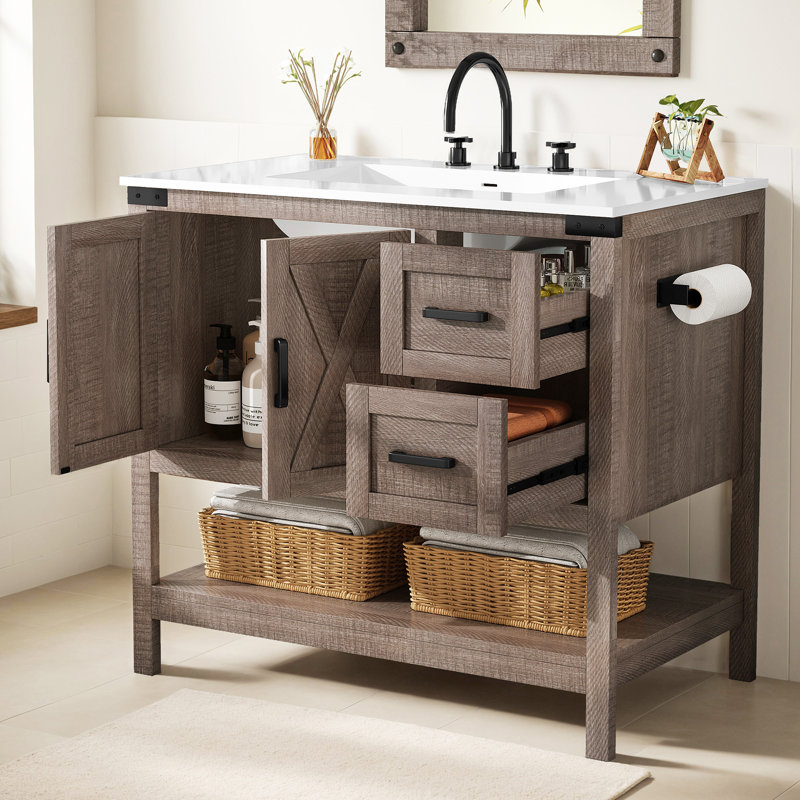 Ensemble de meuble-lavabo de salle de bain avec lavabo 36,6 po Chimira, gris rustique, Light Gray, 36", Acrylique blanc uni